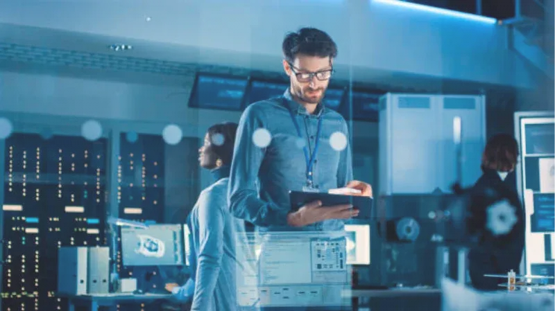 des personnes travaillent dans une salle de serveurs toute en ton bleu