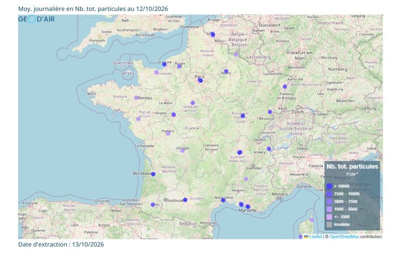 Niveaux de concentration de Particules ultra fines (PUF) mesurées le 12/10/2026 (source : Géod’air).